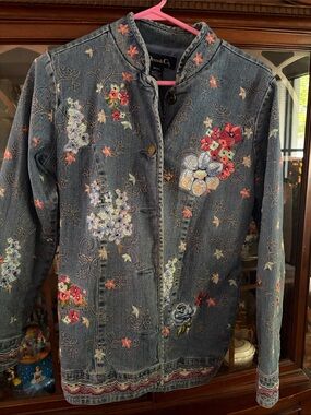 Denim&Co Blue Embroidered Floral Jean Jacket
